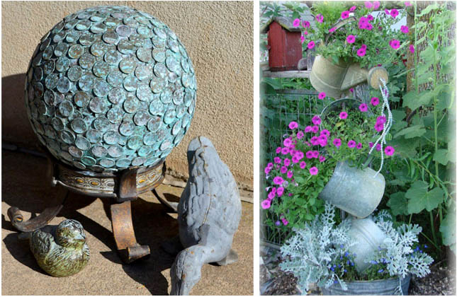 FleaMarketGardenVignettes6 Marie Niemanns Penny Orb; and Jeanne Sammons Tipsy Pots