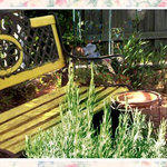 GardenBenchFleaMarketStyle2 Bright paint on an old bench warms a corner of a colorful garden